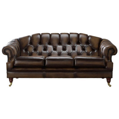 Chesterfield 3 Seater Antique Brown Leather Sofa Settee In Victoria Style - image 1