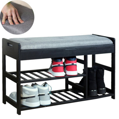 Froppi™ 80Cm Shoe Bench, Black Wooden Shoe Rack With Padded Seat And Hidden Storage L80 W29.5 H49 Cm - image 1