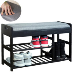 Froppi™ 80Cm Shoe Bench, Black Wooden Shoe Rack With Padded Seat And Hidden Storage L80 W29.5 H49 Cm - thumbnail 1