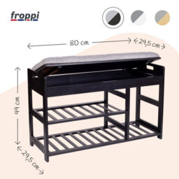 Froppi™ 80Cm Shoe Bench, Black Wooden Shoe Rack With Padded Seat And Hidden Storage L80 W29.5 H49 Cm - thumbnail 2