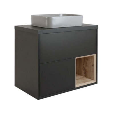 Homestylestore Black Grey 800mm Led Lit Wall Hung Bathroom Vanity Unit Rectangular Pebble Countertop Basin Open Shelf - image 1