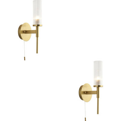 Loops 2 Pack Bathroom Satin Brass Plate Wall Light - Clear Ribbed Glass Shade - Non-Dimmable 3W Led G9 - image 1