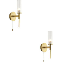 Loops 2 Pack Bathroom Satin Brass Plate Wall Light - Clear Ribbed Glass Shade - Non-Dimmable 3W Led G9