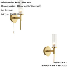 Loops 2 Pack Bathroom Satin Brass Plate Wall Light - Clear Ribbed Glass Shade - Non-Dimmable 3W Led G9 - thumbnail 2