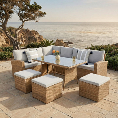 Pelias Rattan Garden Corner 8 Seater Outdoor Sofa Dining Set Brown , Outdoor Furniture Set