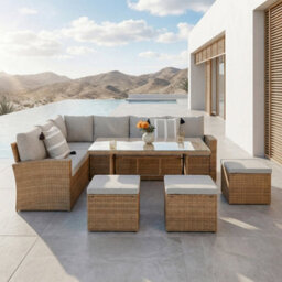 Pelias Rattan Garden Corner 8 Seater Outdoor Sofa Dining Set Brown , Outdoor Furniture Set - thumbnail 4