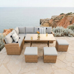Pelias Rattan Garden Corner 8 Seater Outdoor Sofa Dining Set Brown , Outdoor Furniture Set - thumbnail 2