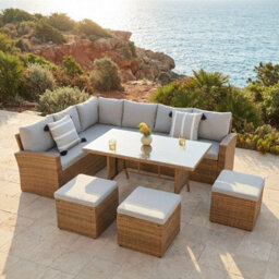 Pelias Rattan Garden Corner 8 Seater Outdoor Sofa Dining Set Brown , Outdoor Furniture Set - thumbnail 5