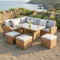 Pelias Rattan Garden Corner 8 Seater Outdoor Sofa Dining Set Brown , Outdoor Furniture Set - thumbnail 6