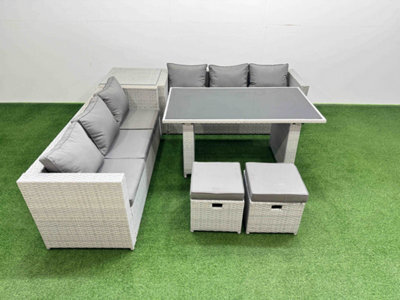 Fimous Rattan Garden Furniture Dining Set 8-Seater Patio Rectangular Table Sofa Set With Side Table 2 Small Stools Light Grey - image 1