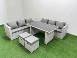 Fimous Rattan Garden Furniture Dining Set 8-Seater Patio Rectangular Table Sofa Set With Side Table 2 Small Stools Light Grey - thumbnail 2