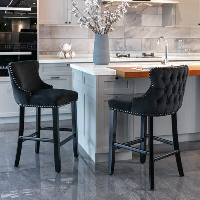 HomeTouch Set Of 2 Contemporary Velvet Upholstered Wing-Back Barstools Black - image 1