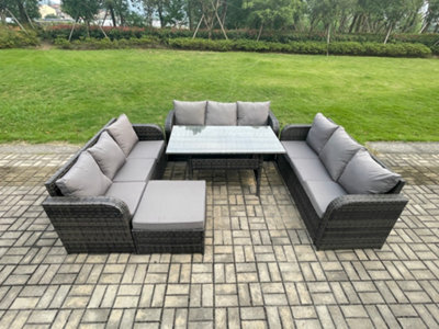 Fimous Patio Rattan Garden Furniture Set With Oblong Dining Table Big Footstool 10 Seater Outdoor Lounge Sofa Set Dark Grey Mixed - image 1