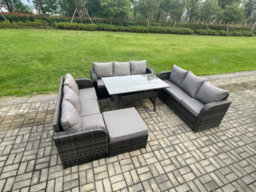 Fimous Patio Rattan Garden Furniture Set With Oblong Dining Table Big Footstool 10 Seater Outdoor Lounge Sofa Set Dark Grey Mixed - thumbnail 2