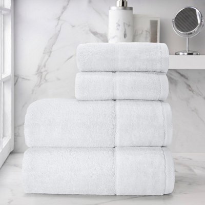 Velosso 4Pc Plush Velour Cotton Hand And Bath Towel Set Soft & Absorbent Cotton Towels White