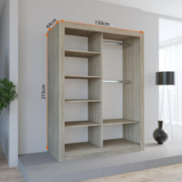 Fhif Ibiza Gold 150Cm Oak Sliding Door Wardrobe Modern Bedroom Storage With Full Length Mirror Shelves And Hanging Rails - thumbnail 2