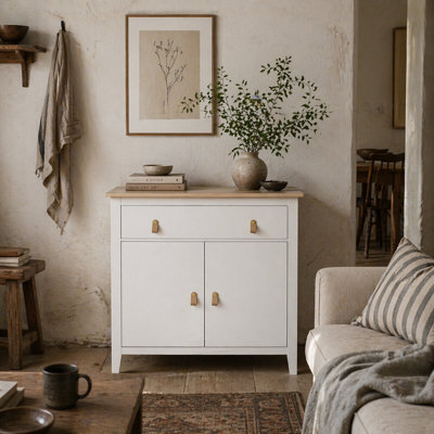 Wyld Haus Kesora Lela Farmhouse Sideboard - White Body With Natural Oak-Effect Top And Faux Leather Handles - image 1