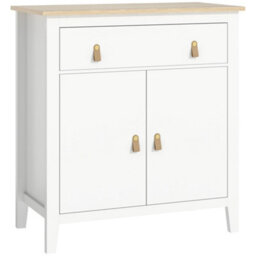 Wyld Haus Kesora Lela Farmhouse Sideboard - White Body With Natural Oak-Effect Top And Faux Leather Handles - thumbnail 2