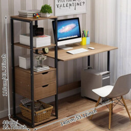 Home Computer Desk Workstation Table W/ Storage Bookshelf Shelves & Drawers - thumbnail 2