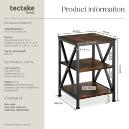 Tectake Bedside Table Nottingham - Industrial Style, With 3 Shelves, 40.5 X 40.5 X 60.5 Cm - Industrial Wood Dark, Rustic - thumbnail 6