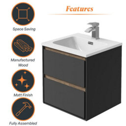 Plum&clay Norton Black & Oak Wall Hung Vanity Unit & Basin Set Bathroom Furniture (W)500mm (H)530mm - thumbnail 5