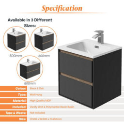 Plum&clay Norton Black & Oak Wall Hung Vanity Unit & Basin Set Bathroom Furniture (W)500mm (H)530mm - thumbnail 4