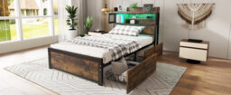 Btm 3Ft Single Metal Bed Black Wood Colour With Led Strip Drawers And Usb Charging For Adults Teens - thumbnail 9