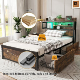 Btm 3Ft Single Metal Bed Black Wood Colour With Led Strip Drawers And Usb Charging For Adults Teens - thumbnail 5