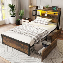 Btm 3Ft Single Metal Bed Black Wood Colour With Led Strip Drawers And Usb Charging For Adults Teens - thumbnail 3