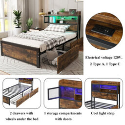 Btm 3Ft Single Metal Bed Black Wood Colour With Led Strip Drawers And Usb Charging For Adults Teens - thumbnail 6