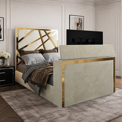 Ashwell Upholstered Soft Velvet Cream Tv Bed Frame - image 1