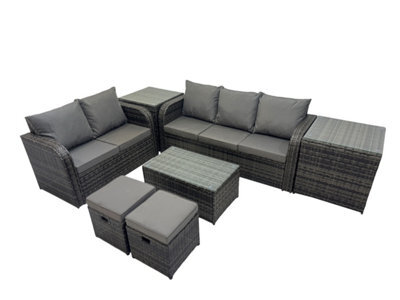 Fimous Outdoor Love Sofa 3 Seater Sofa Coffee Table Set Garden Rattan Furniture Set 7 Seater With 2 Small Stools 2 Side Tables - image 1