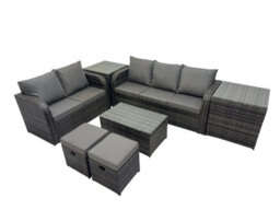 Fimous Outdoor Love Sofa 3 Seater Sofa Coffee Table Set Garden Rattan Furniture Set 7 Seater With 2 Small Stools 2 Side Tables - thumbnail 1