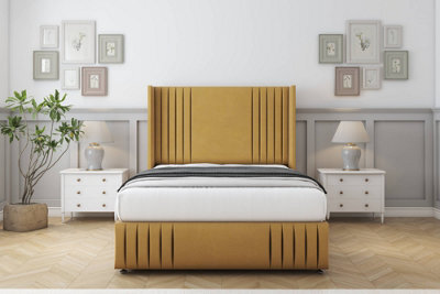 "Sloomy Camden Mustard Plush Divan Bed With Mattress 2 Drawers Foot-End With 54"" Wingback & 12"" Footboard 6' Super King" - image 1