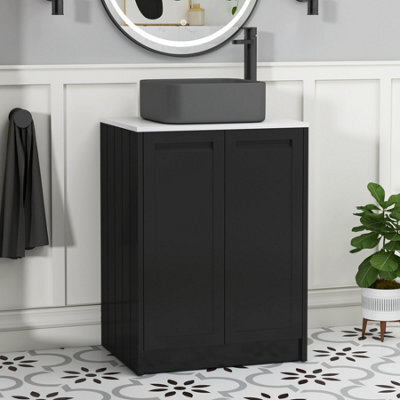Royal Bathrooms Royal Bathroom Elmore 600mm Nocturne Black Freestanding Bathroom Vanity Unit 2 Door Plain White Worktop With Art Square Basin - image 1