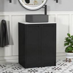 Royal Bathrooms Royal Bathroom Elmore 600mm Nocturne Black Freestanding Bathroom Vanity Unit 2 Door Plain White Worktop With Art Square Basin - thumbnail 1