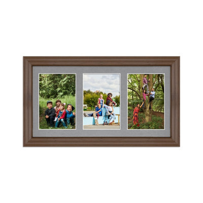 AK Frames 40X20Cm Walnut Classic Multi Photo Frame With Mid Grey Mount - Holds 3 Apertures (3X) 6X4 Photos - image 1