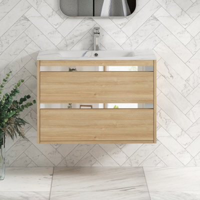 Royal Bathrooms Orion 800mm Natural Oak 2 Drawer Wall Hung Bathroom Vanity Unit With Carrara White Basin & Chrome Accent Trim - image 1