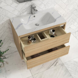 Royal Bathrooms Orion 800mm Natural Oak 2 Drawer Wall Hung Bathroom Vanity Unit With Carrara White Basin & Chrome Accent Trim - thumbnail 4