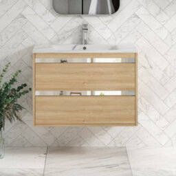 Royal Bathrooms Orion 800mm Natural Oak 2 Drawer Wall Hung Bathroom Vanity Unit With Carrara White Basin & Chrome Accent Trim - thumbnail 1