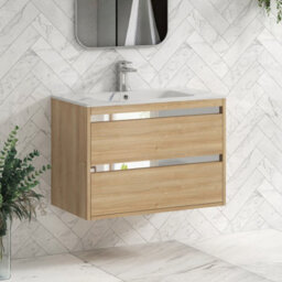 Royal Bathrooms Orion 800mm Natural Oak 2 Drawer Wall Hung Bathroom Vanity Unit With Carrara White Basin & Chrome Accent Trim - thumbnail 6