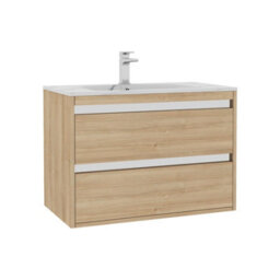 Royal Bathrooms Orion 800mm Natural Oak 2 Drawer Wall Hung Bathroom Vanity Unit With Carrara White Basin & Chrome Accent Trim - thumbnail 7