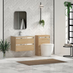 Royal Bathrooms Orion 800mm Natural Oak 2 Drawer Wall Hung Bathroom Vanity Unit With Carrara White Basin & Chrome Accent Trim - thumbnail 3