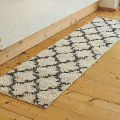 Loomed Cream Grey Neutral Trellis Scandi Shaggy Living Area Runner Rug 60X230Cm - image 1