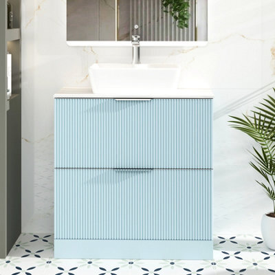 Royal Bathrooms Evora 800mm Powder Blue Fluted Floor Standing Vanity Unit 2 Drawer With Carrara White Undrilled Worktop - image 1