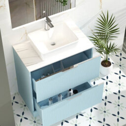 Royal Bathrooms Evora 800mm Powder Blue Fluted Floor Standing Vanity Unit 2 Drawer With Carrara White Undrilled Worktop - thumbnail 3