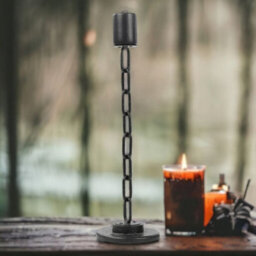 Urbn-Living Urbnliving Large Black Metal Chain Link Design Candle Holder With Wooden Stand Home Décor - thumbnail 1
