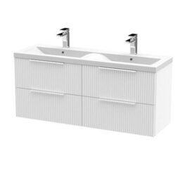 Hudson Reed Fluted Wall Hung 4-Drawer Vanity And Double Ceramic Basin, Modern Sink Vanity Unit, Satin White, 1200mm - thumbnail 1