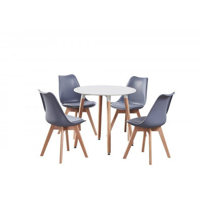 Life Interiors 5Pcs Dining Set - A White Round Dining Table & Set Of 4 Grey Lorenzo Tulip Chairs With Padded Seat - image 1
