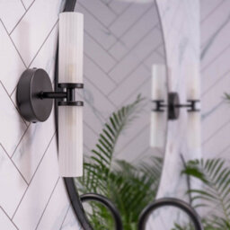 Valuelights Canya Matte Black Ip44 2 Way Frosted Reeded Glass Wall Light With Led Bulbs - thumbnail 2